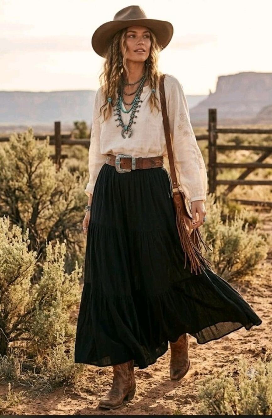 VTG Double D Ranch Skirt Black Maxi Double Slit Sz Xs Western Coastal Made USA